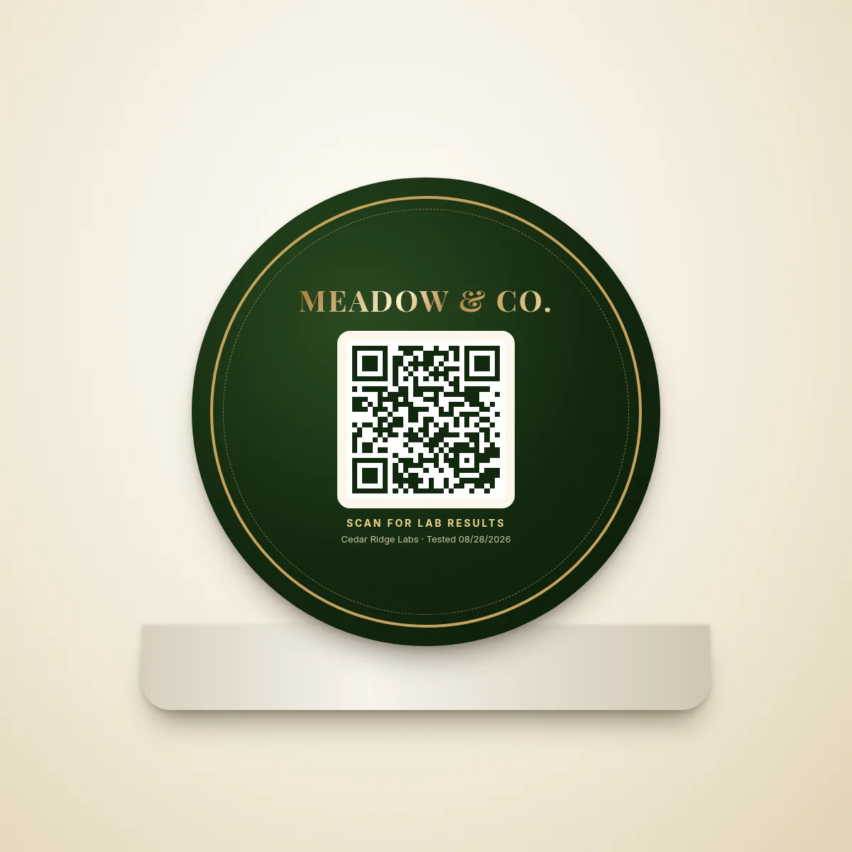 QR code on a jar lid — Round lid label with a centred COA QR and “Scan for lab results”.