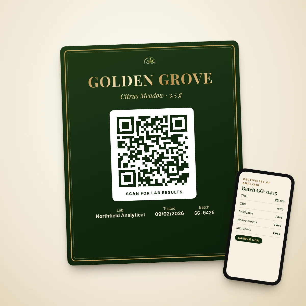 COA QR code label — Scannable QR linking to the batch’s certificate of analysis, with lab name and test date.