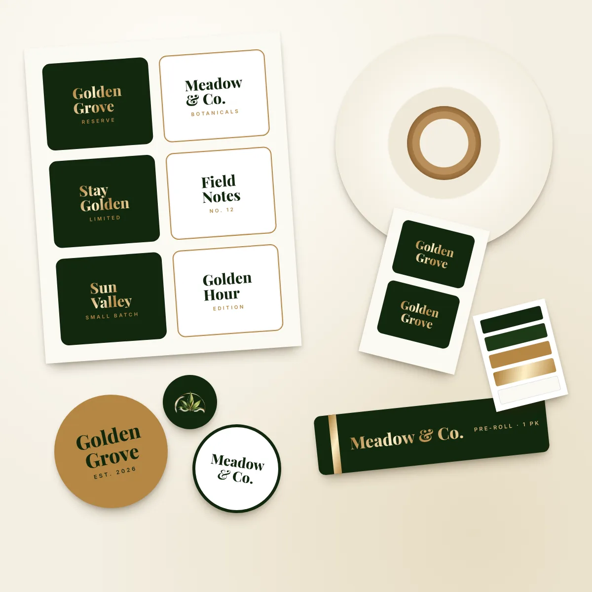 Brand assortment — Sheets, rolls, round stickers and tube labels from one brand system.