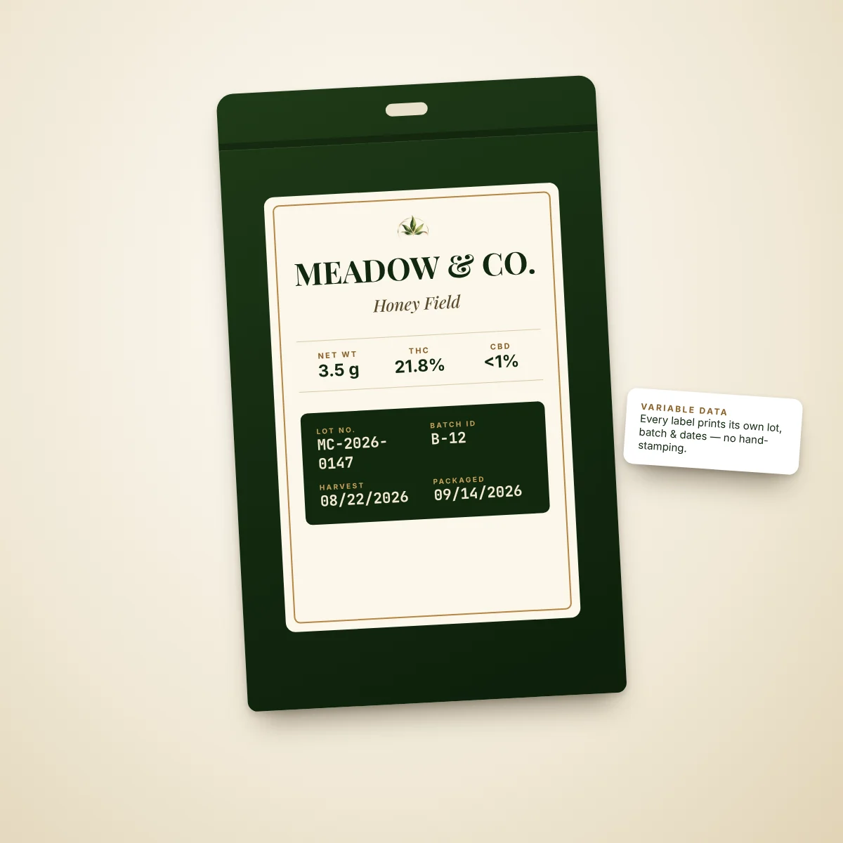 Lot, batch & dates on a bag label — Variable lot number, batch ID, harvest and package dates in a clean panel.