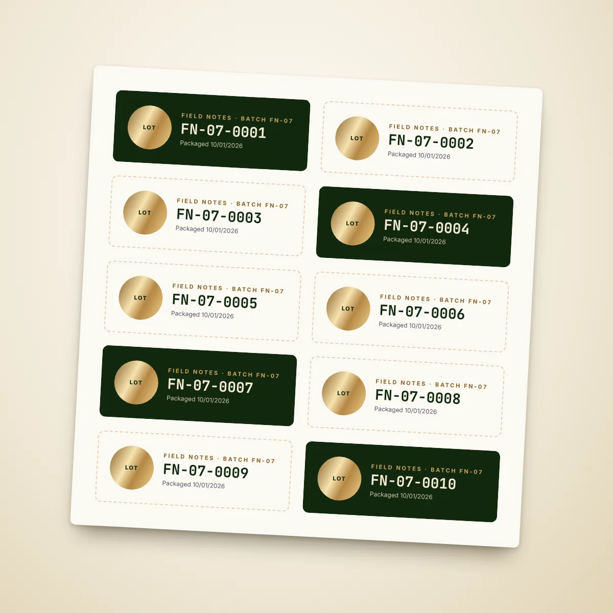 Numbered seal sheet — Kiss-cut sheet of seal labels with sequential batch numbers.