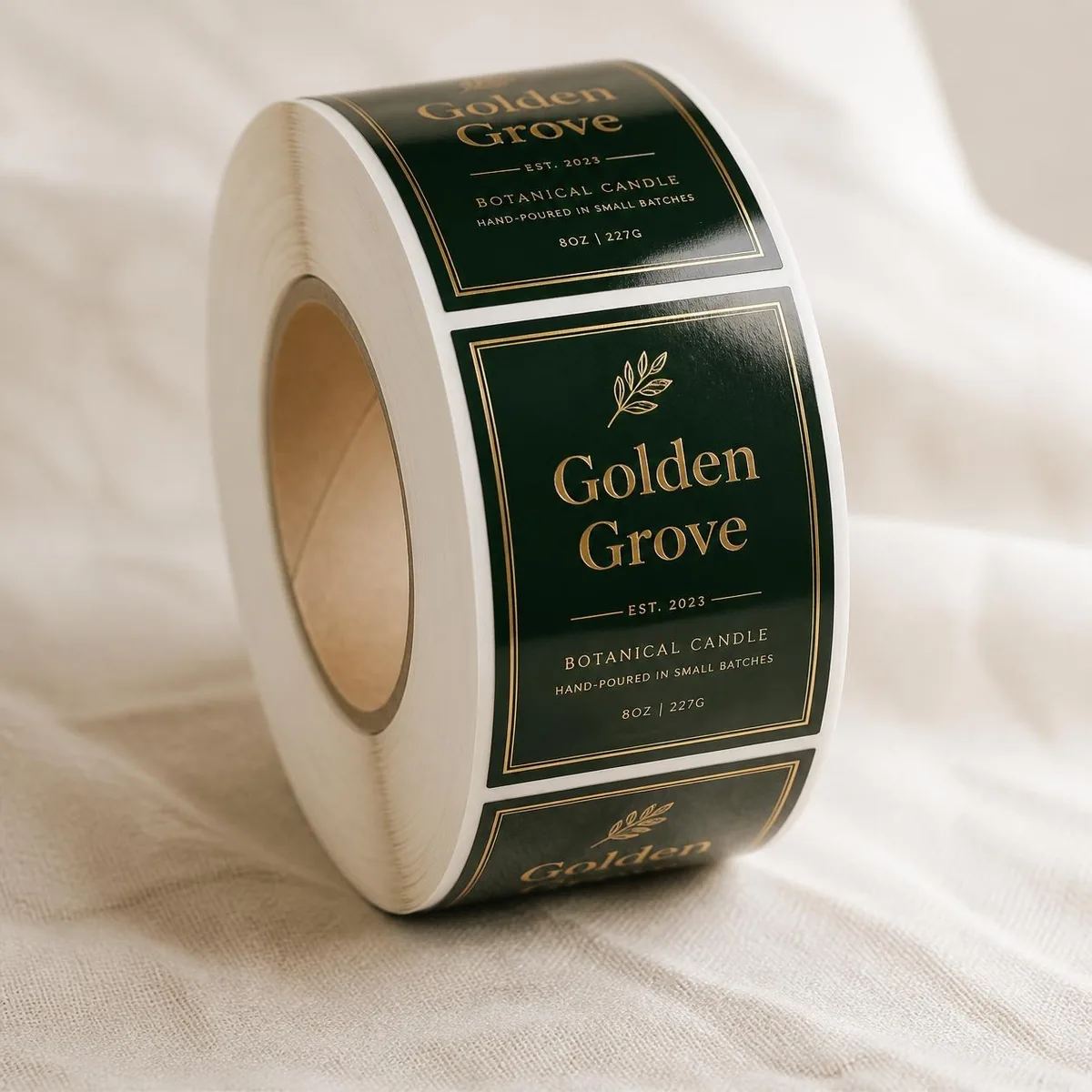 Labels on a roll — Gloss labels on a 3-inch core — ready for hand or machine application.