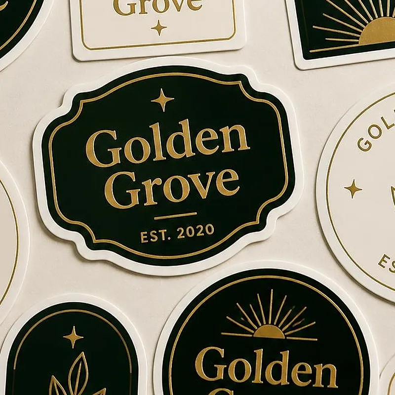 Sticker detail — Gold-ink line art on deep green vinyl with a white border.