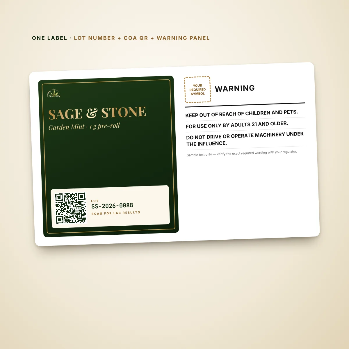 Lot + QR + warning on one label — All three add-ons combined on a single pre-roll label (sample text only).